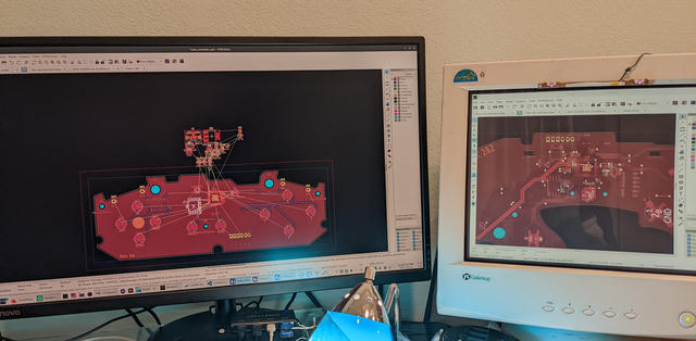 Photo of my CRT being used as a second monitor in KiCad, to show two PCBs at once.